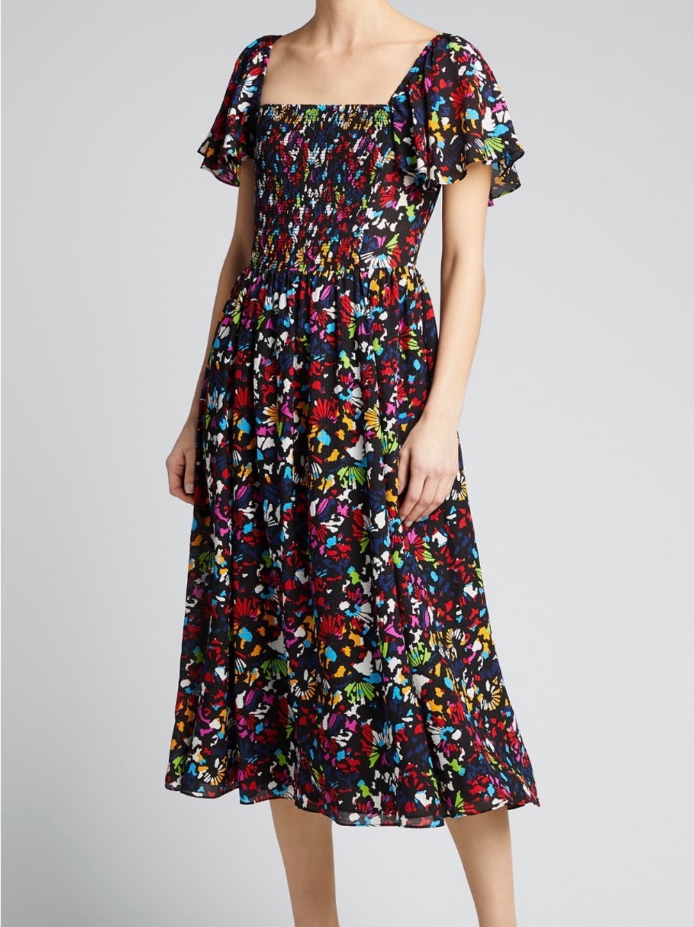 Tanya Taylor Black Multicolor Smocked Square-Neck Floral Midi Dress
